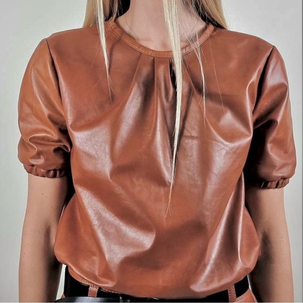 Alfani Faux Leather Short Sleeve Top
